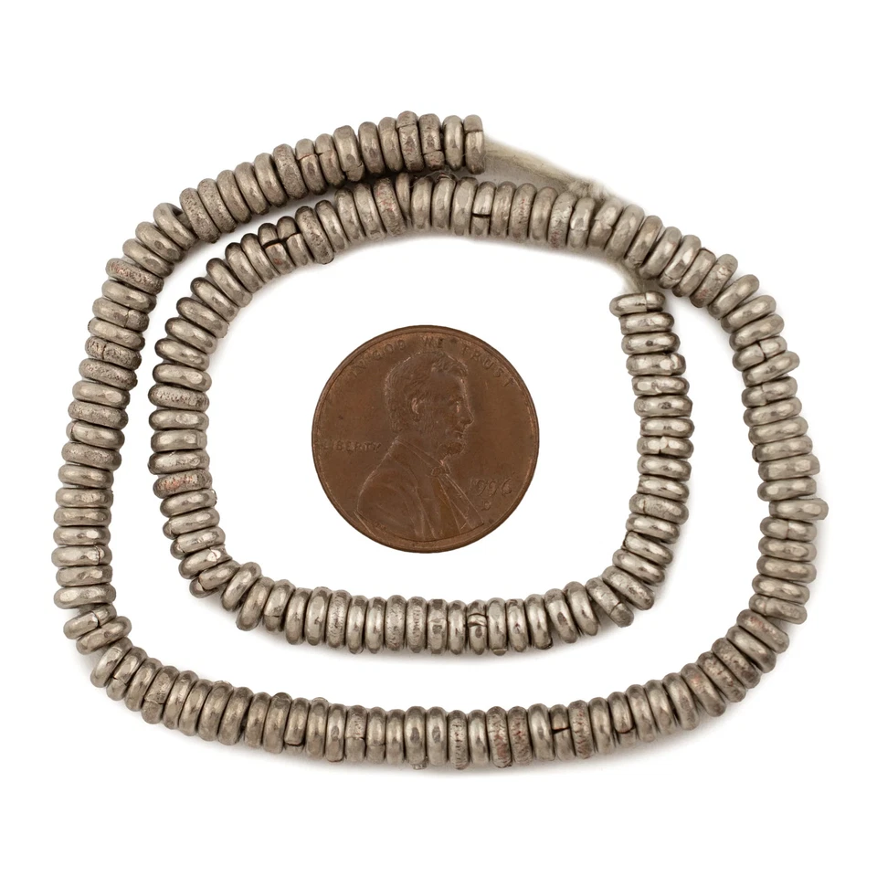 Kenya White Metal Heishi 5mm African Silver 10 Inch Strand Handmade - Image 2 of 3