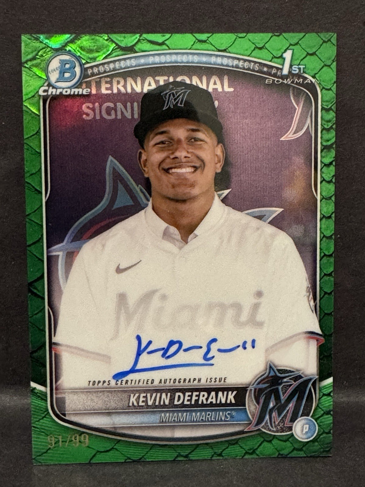 2025 Bowman Chrome Kevin Defrank 1st Bowman Green Reptilian Auto /99 #CPA-KD