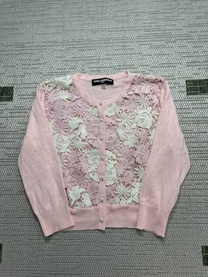 Karl Lagerfeld Sweater Womens Medium Pink White Floral Cardigan 