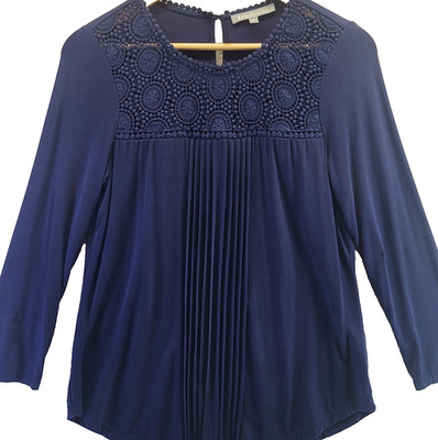 Daniel Rainn Blouse Womens Small Blue Crochet Long Sleeve Keyhole Back Rayon Top