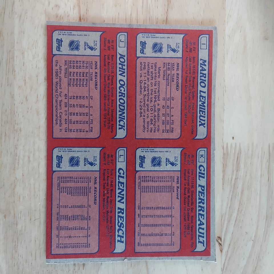 Parte inferior de la caja de hockey Topps 1985-86 sin cortar Mario Lemieux Gilbert Perreault Foto 2 de 2