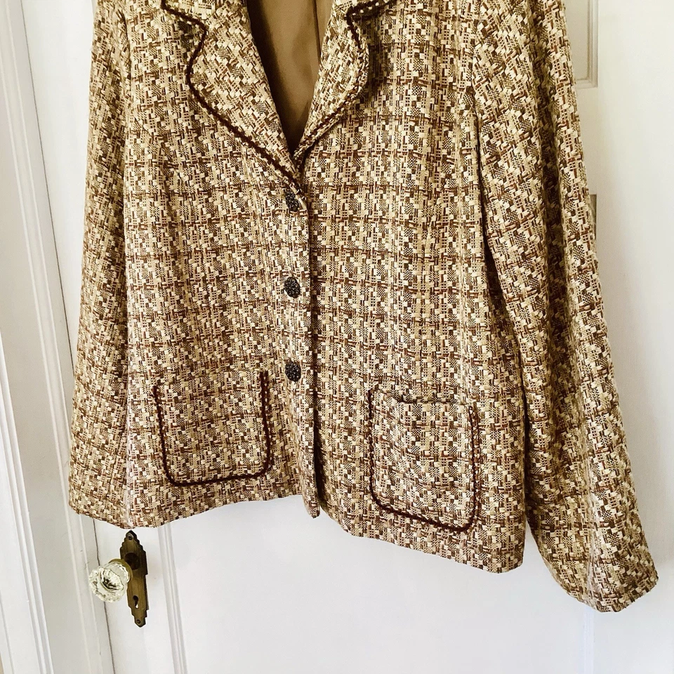 Blazer vintage Alfred Dunner tweed Houndstooth marrom dourado tamanho 18 bolsos - Imagem 4 de 4