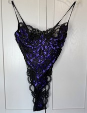 Vintage Victoria  s Secret Teddy Large Black Lace Purple Satin Lingerie Bodysuit