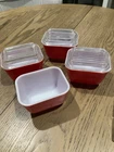 Set Of 4 Red Pyrex Refrigerator Dishes, 3x4 With 3 Lids VINTAGE