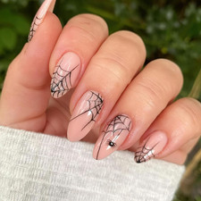 Halloween Press on Nails Short Almond Fake Nails Horror Nude Pink Glue on Nails