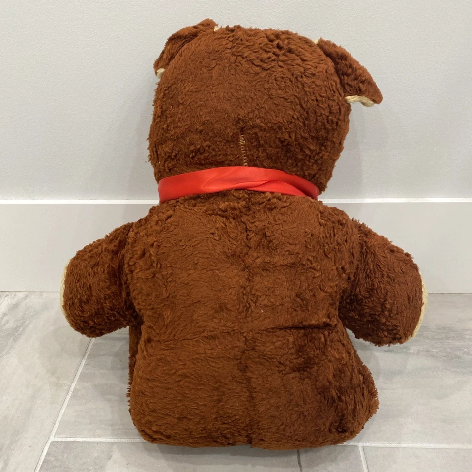 VINTAGE 24” RUBBER FACE PLUSH TEDDY BEAR YELLOW BROWN GOOGLY EYES 1950S 6OS TOY - Image 4 of 4