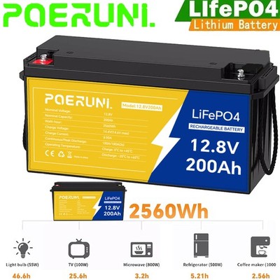 NEW 12V 200Ah 2560Wh LiFePO4 Lithium Battery Built-in BMS for Solar RV Off-Grid