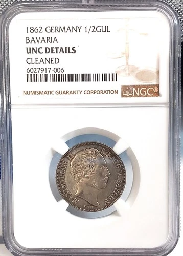 GERMANY BAVARIA 1862 1/2 GULDEN NGC UNC DETAILS