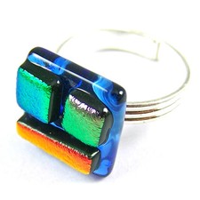 Dichroic Glass Ring Adjustable 5/8" 16mm Blue Green Purple Copper Red Patchwork