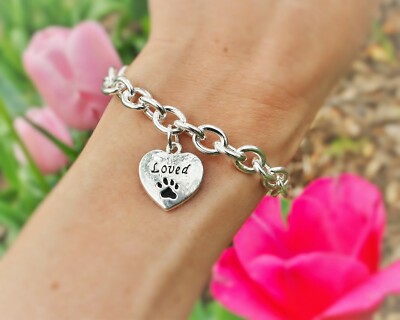 Paw Print Loved Charm Bracelet Silver Dog Cat Pet Loss Memorial