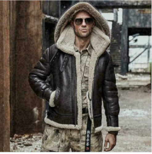Men's B3 RAF Hooded Jacket Winter Fur Leather Coat, Real Sheep Leather  Style