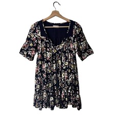 Altar'd State Mini Dress Size Small Peasant Babydoll Navy Floral Tassel Boho
