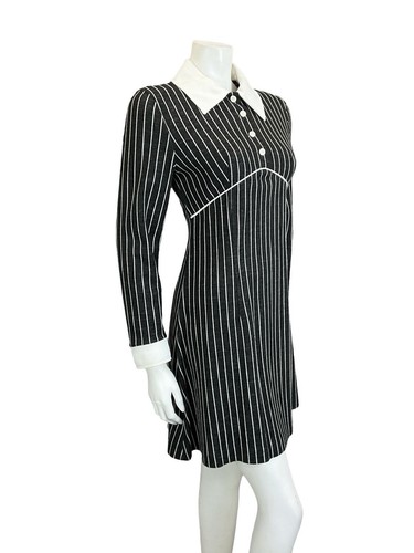 VTG 60S 70S BLACK WHITE MOD GOTHIC GEOMETRIC EMPIRE LINE STRIPED SHIRT DRESS 10 - Picture 6 of 9