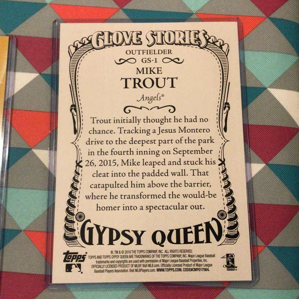 Mike Trout #GS-1 Angels 06/10 made 2016 Topps Gypsy Queen Glove Stories Gold 5x7 - Image 3 of 3