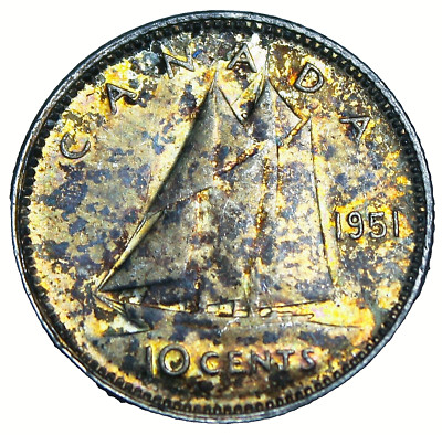 Canada 10 Cents, 1951 Silver~Monster Gold Toning~Free Ship #A96