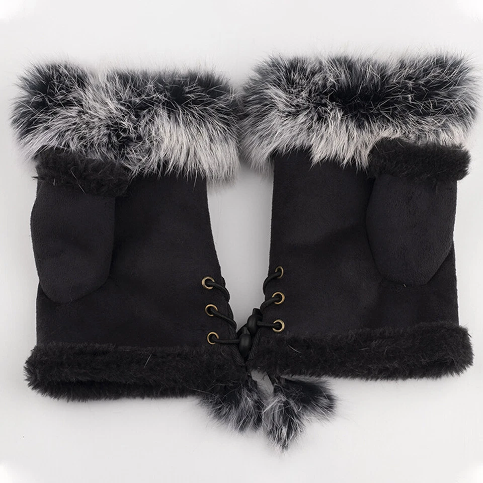 Guantes sin dedos calentador de invierno para mujer 4 piezas imitación piel de conejo muñeca manopla lisa B Foto 3 de 4