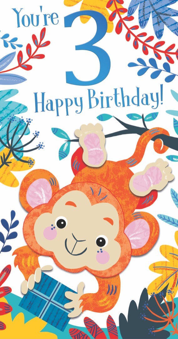 You're 3 Happy 3rd Birthday - Cheeky Monkey Blue Foil Fun Birthday Card by Kingf
