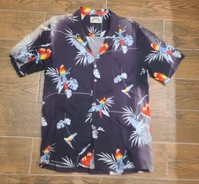 Vintage Paradise Found Hawaii Black Parrot Print Button Shirt Rayon M? SUN faded