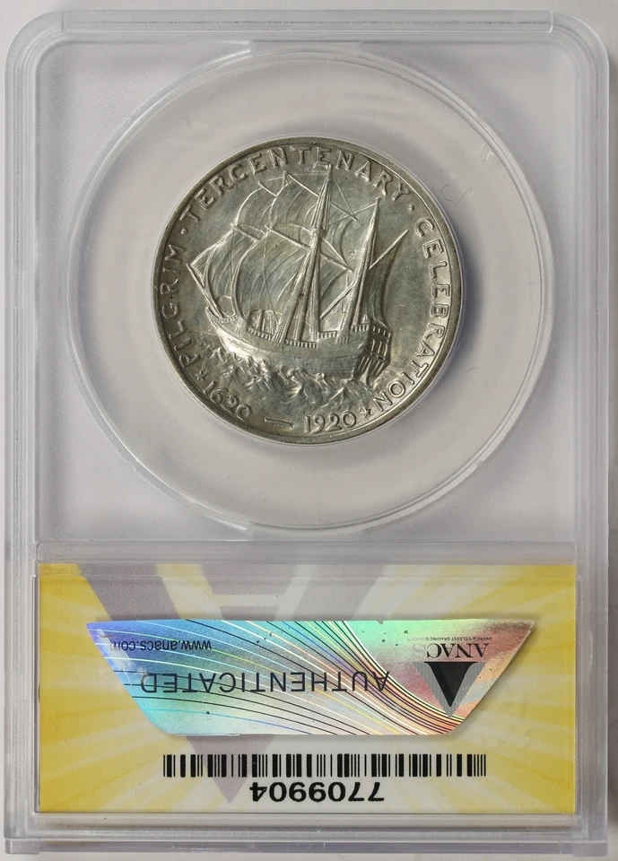 1920 50c Pilgrim Silver Half Dollar Commemorative ANACS AU50 Details - Cleaned - Image 2 of 4