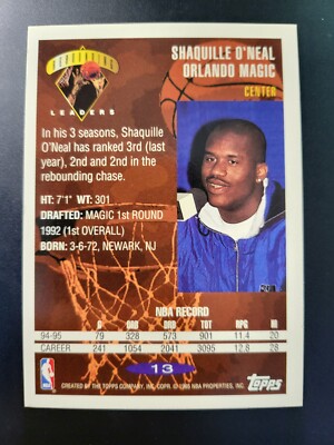 1995-96 Topps Shaquille Shaq O'Neal card #13 | eBay