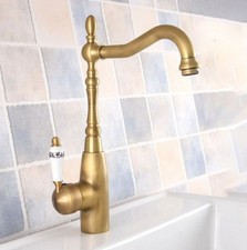 Antique Brass Kitchen Basin Faucet Swivel Spout Deck Mount Sink Mixer Taps
