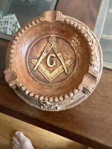 Vintage Wood Brown Round Masonic Symbol Ashtray for Cigarette Freemason Theme