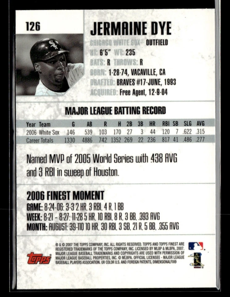 2007 Finest #126 Jermaine Dye Card Chicago White Sox - Image 2 of 2