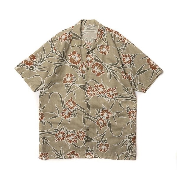 Men Vintage Hawaiian Shirt Khaki Cotton 38 / M /