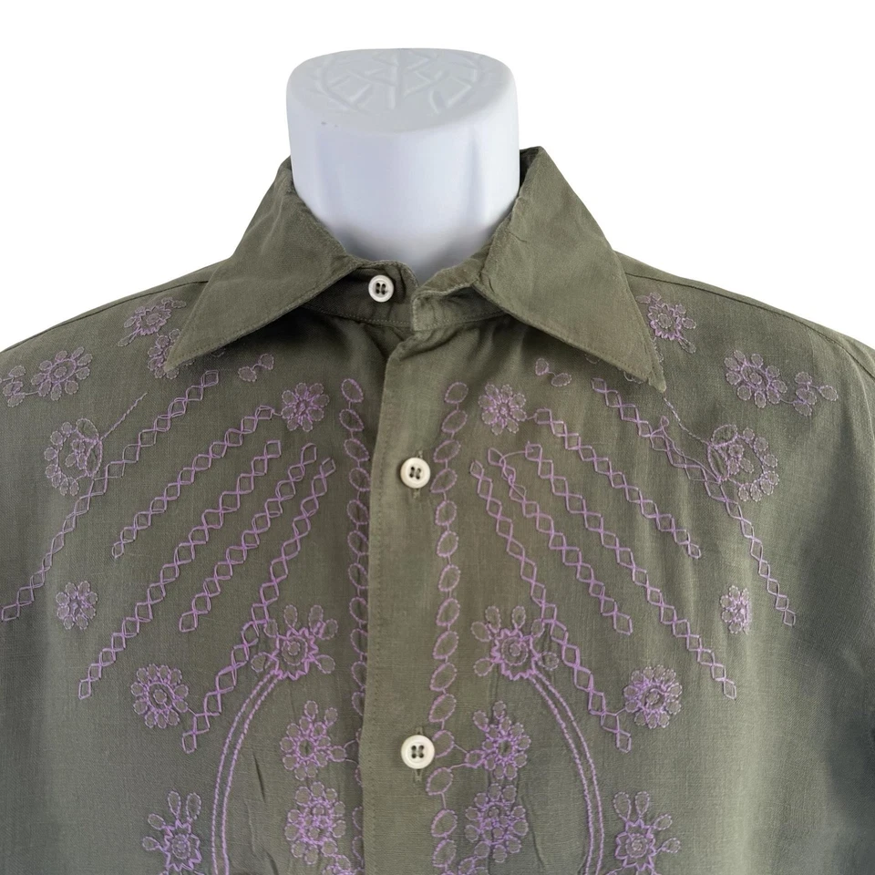 Coast Shirt Mens Medium Olive Linen Floral Embroidered Long Sleeve Made Italy - Image 3 of 4
