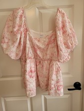 ChicSoul Pink Floral Embroidered Puff Sleeve Baby Doll Blouse 2X Spring Easter