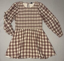 American Eagle Women’s Plaid Smocked Top Long Sleeve Babydoll Mini Dress Large