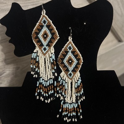 TRIBAL NATIVE AMERICAN BEADED EARRINGS BOHO CHIC Blue Brown White Black