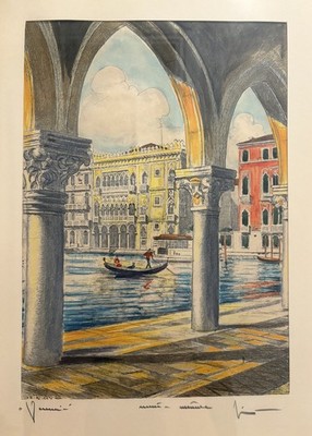 Bela Sziklay  Venice  Framed Hand-Colored Etching Signed Vintage Canal Scene