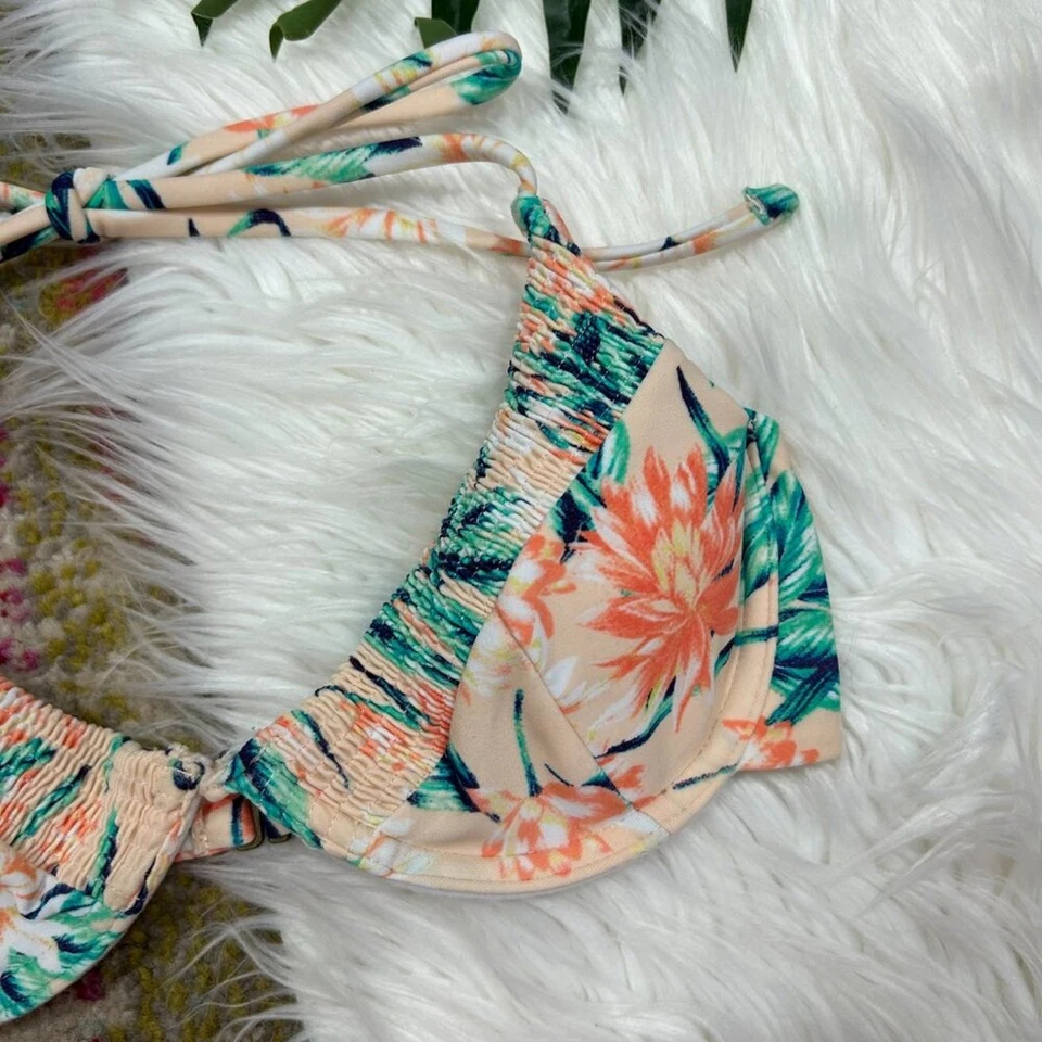 Tori Praver Pink Smocked Tropical Floral Halter Bikini Top Swimsuit XS - Image 4 of 4