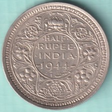 BRITISH INDIA 1944 KING GEORGE VI HALF RUPEE RARE SILVER COIN