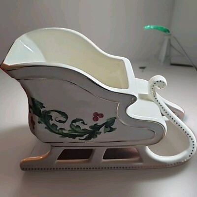 Christmas Sleigh Planter by FTD White with Holly Design 6'' x 9'' x 3.5''Porcelain