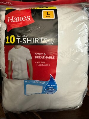 Hanes Super Value Pack 10 Tagless T Shirts White Large Mens 100% Cotton