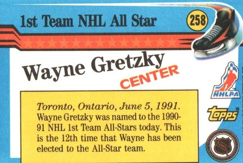 Wayne Gretzky C All Star Topps Eishockey Karte Nr 258 1991 - Bild 2 von 2