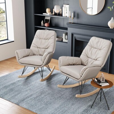 Super Soft Lazy Rocking Chair Swing Recliner Armchair High Back Solid Wood  Frame UK