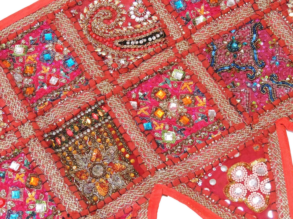 Cenefa de ventana de retazos rojos cubierta de puerta - Kundan vintage hecho a mano Toran 60" Foto 4 de 4