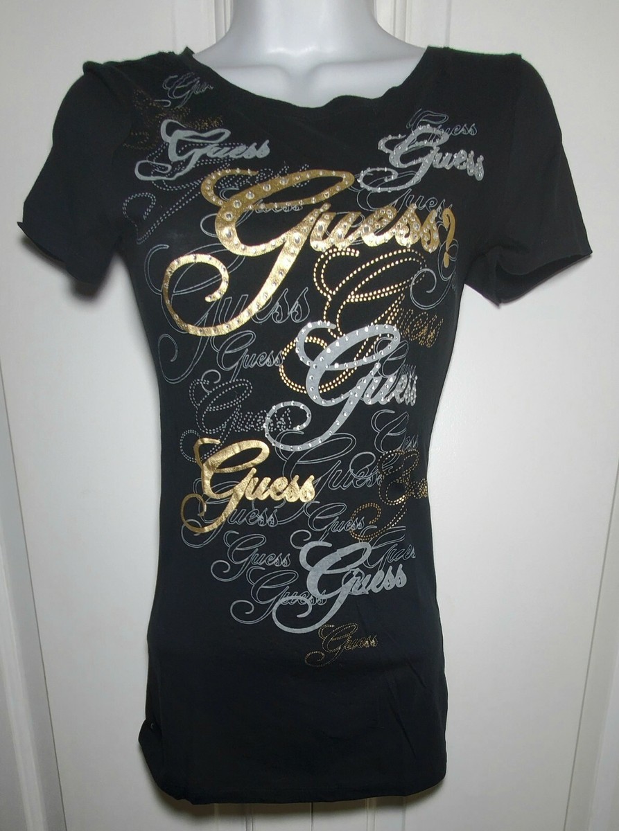 New Guess Jet Black Crystal Rhinestones T-shirt Extra Small XS