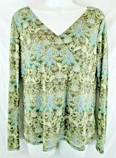 Liz Claiborne Axcess Shirt Large Green Blue Boho Babydoll Flared Sleeves V Neck