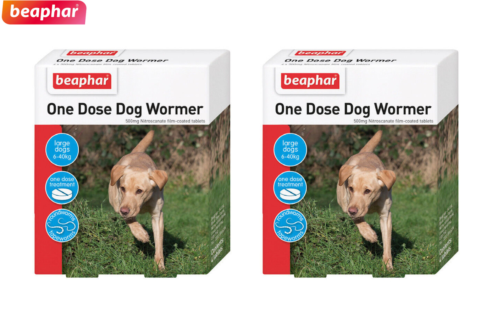 2X BEAPHAR ONE DOSE WORMER DOG TREATMENT WORMING TABLETS LARGE DOGS 6-40KG 4 TAB