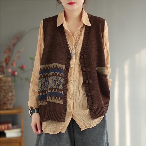 Lady Retro Knit Vest Waistcoat Gilet 