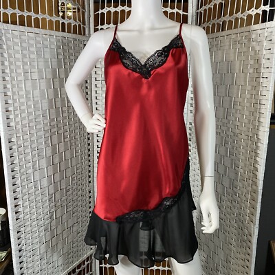 Cinema Etoile Red Satin Slip Dress Negligee with Black Chiffon Ruffle Lace  Trim