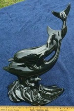Vintage Glossy Black Dolphin Figurine Ceramic Coffee Table Centerpiece
