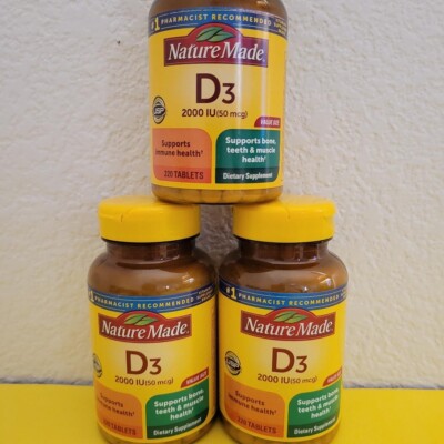 Nature Made D3 2000 IU Supplement for Better Teeth Bone Immune 220 Tablets 3 Pk