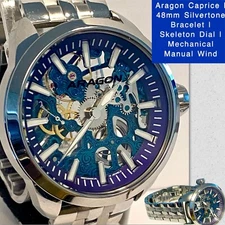 48mm Skeleton Blue Bridge Mechanical CAPRICE | Silvertone Bracelet |ARAGON Watch