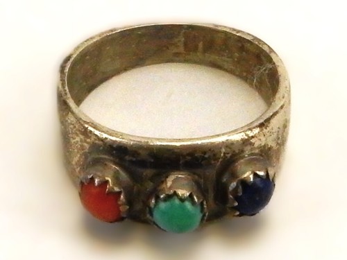 Vintage Sterling Ring, Blue/Green/Orange Coral Stone, Tapered, Size 6, JWL-303 - Foto 2 di 7