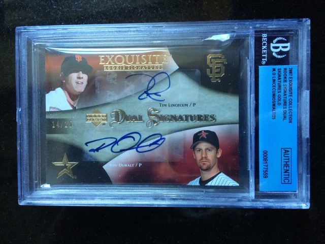 TIM LINCECUM ROY OSWALT 2007 UD EXQUISITE DUAL AUTO SP #'D /25 GOLD SIG RC